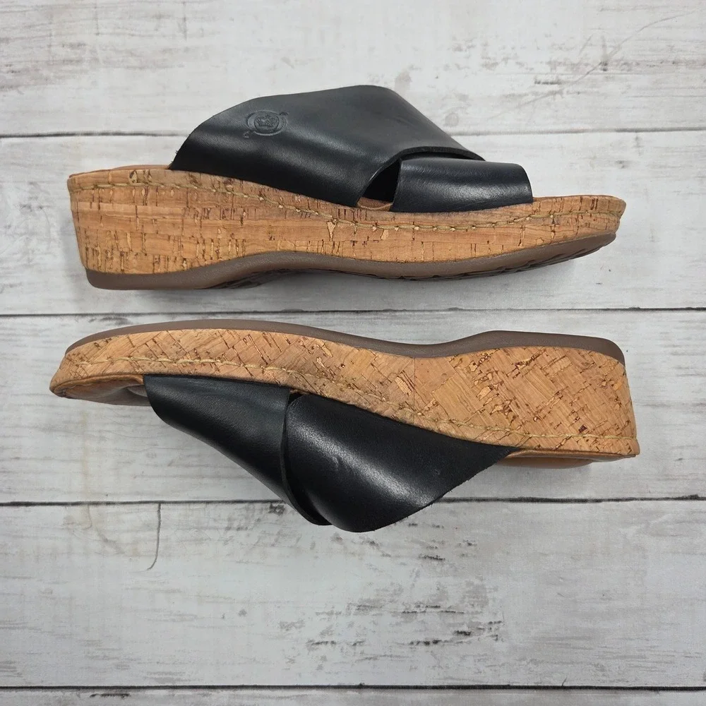 Born BR0021103 Wedge Sandal Women 6M Black Leather Cork Platform Cross Strap
